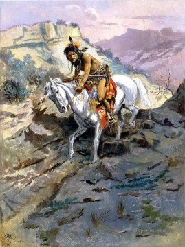 アメリカインディアン Painting - 警告 1895 チャールズ マリオン ラッセル アメリカのインディアン